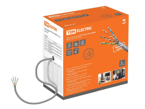 UTP-5e 4х2х24 AWG solid ПВХ серый
